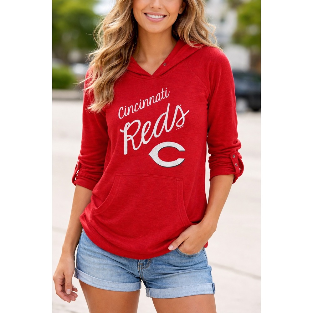 Soft‎ As A Grape Cincinnati Reds Hoodie Women Medium Red MLB Roll Tab Sleeve